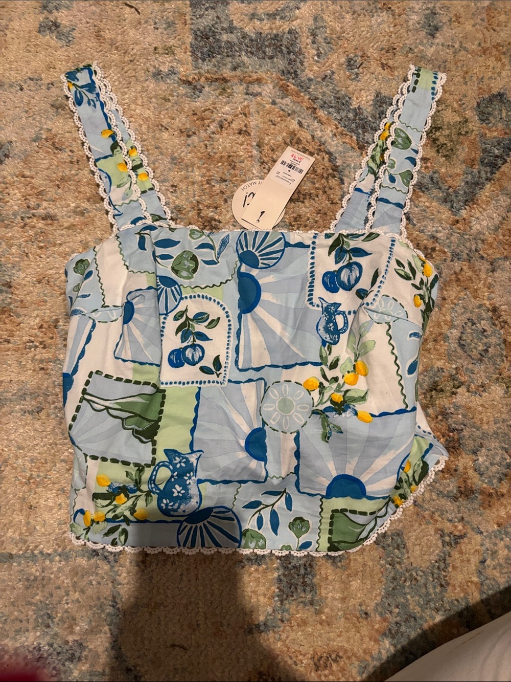 Free People Light Blue Floral & Fruit Patchwork Crop Top